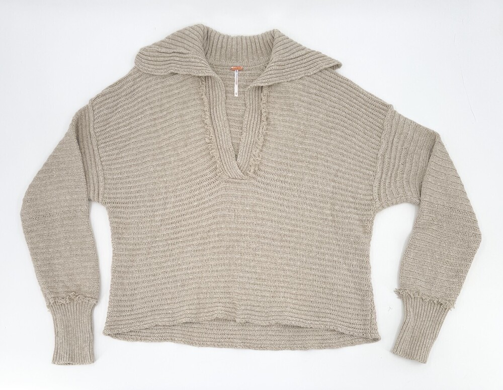 Free People Sweater Womens Extra Small Tan V-neck Pull On Knit Relaxed Ribbed